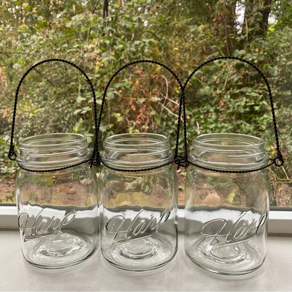 Set Of Three Beautiful Vintage Clear Glass Twisted Metal Hanging Lanterns, Vases - Picture 3 of 13